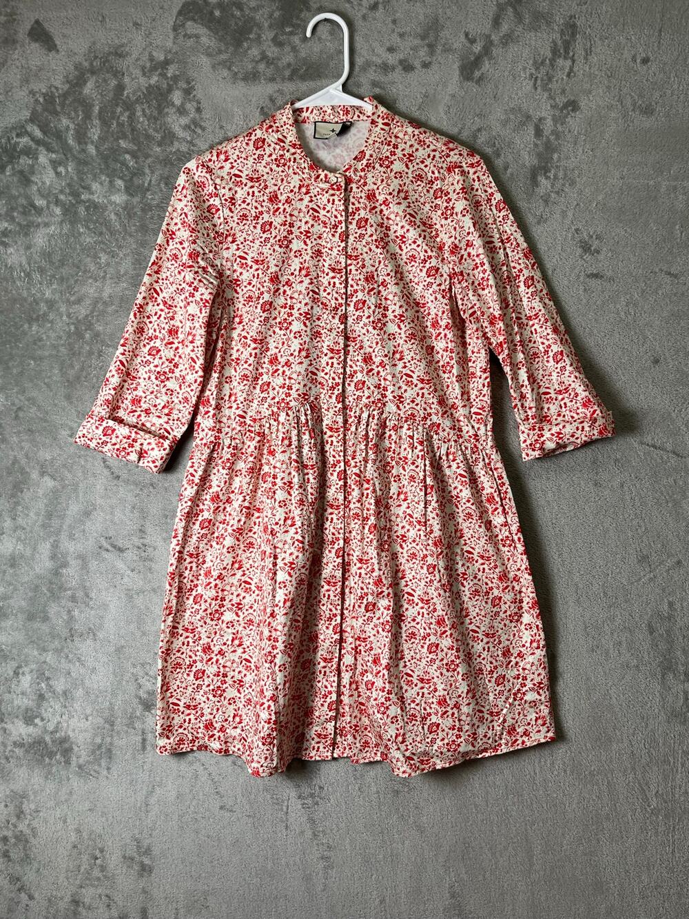 Tuckernuck Vermillion Ditsy Royal Shirt Dress 3/4 Sleeve Cottagecore Preppy XS